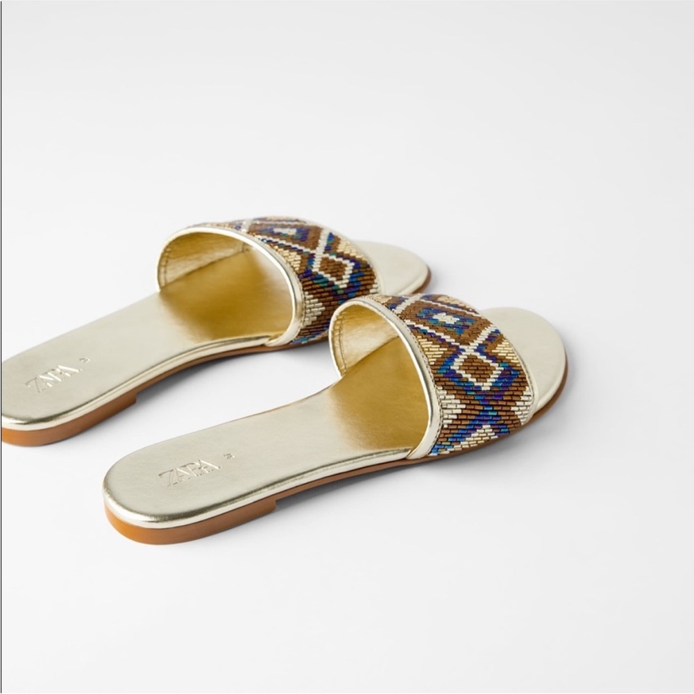 NWT • Zara • Flat Beaded Sandal
